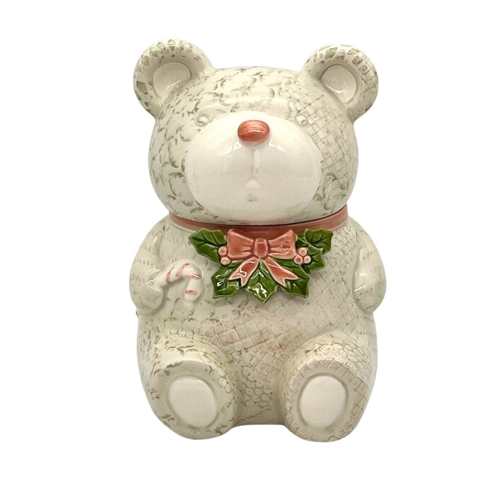 Vintage Fitz & Floyd FF 1984 Christmas Teddy Bear Ceramic Cookie Candy Jar 6.5"